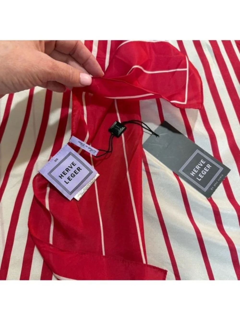 Herve Leger 100% Silk Striped Scarf Red White OS New With Tags